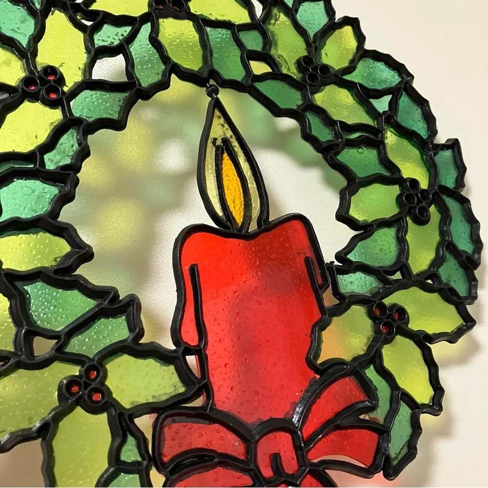 Vintage Plastic Stained Glass Style Holly Candle Wreath Suncatcher Hong Kong